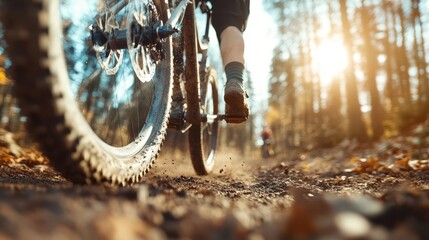 The image shows a cyclist in motion on a dirt trail surrounded by forest, depicting the excitement and vigor of riding through nature's challenging terrain.
