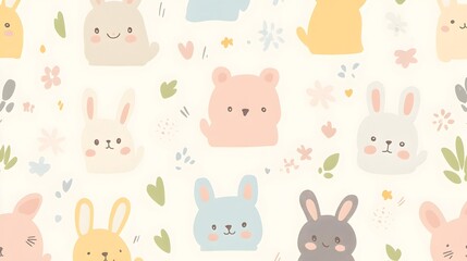 Fototapeta premium Pastel-Colored Kawaii Animals in Seamless Playful Pattern