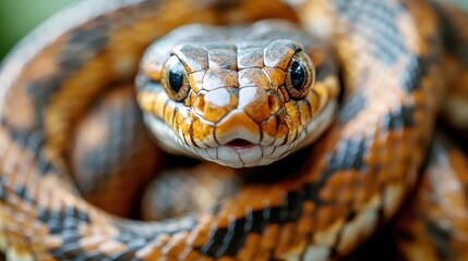 Fototapeta premium A detailed view of a snake showing its beautiful and complex orange and black patterns, illustrating the intricate designs found in nature.