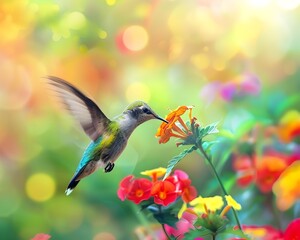 Fototapeta premium Hummingbird Sipping Nectar from Vibrant Flower in Colorful Garden with Blurred Wings