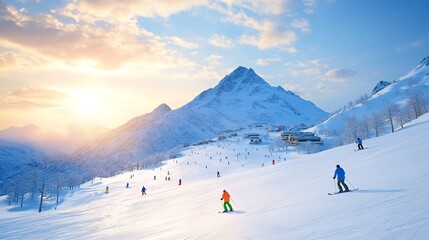 Winter Enthusiasts Enjoying a Stunning Sunrise at a Bustling Ski Resort