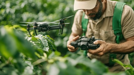 Fototapeta premium A man operates a drone amidst lush green fields, reflecting the harmony of human interaction with technology and nature, essential for modern agricultural practices.