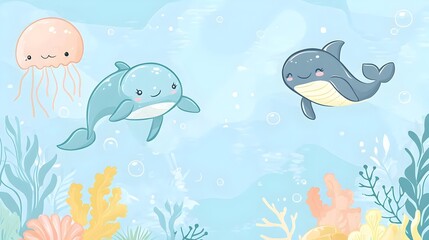 Cheerful Kawaii Sea Creatures in Pastel Ocean Underwater Scene