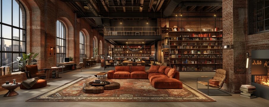 Industrial Loft Living Room with Cozy Seating and Extensive Bookshelves in Urban Setting