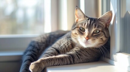 A grey tabby cat relaxes gracefully by the window, basking in the warm sunlight filtering through. Its serene expression enhances the cozy atmosphere of the room