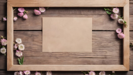 Fresh flowers with Frame on wooden background with with empty space for greeting message.  Love and greeting concept design. AI generated image, ai