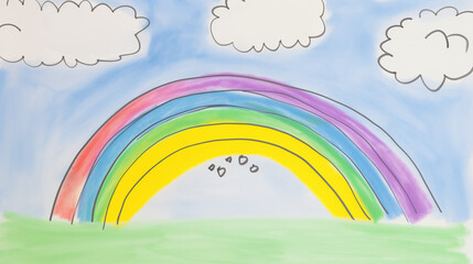 Child's simple rainbow drawing with clouds and green field