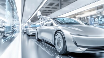 Fototapeta premium Futuristic car in a high-tech manufacturing facility, showcasing advanced automation and sleek design in a modern environment.