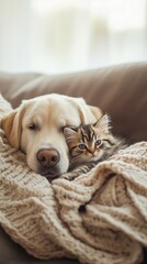 A gentle Labrador puppy rests its head on a soft blanket while a curious kitten nestles beside it, creating a heartwarming moment of friendship in a warm space