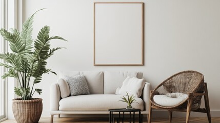 3D Frame Mockup, ISO A Paper Size. Wall Poster Mockup with Interior Living Room Background. Modern Home and Office Interior Design, 3D Rendering.