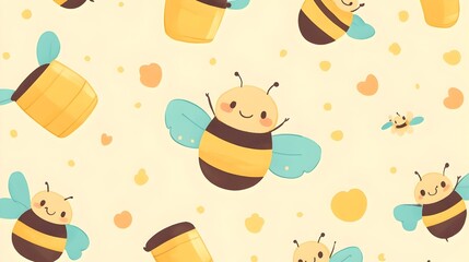 Chubby Kawaii Bees and Honey Pots in Pastel Nature Pattern