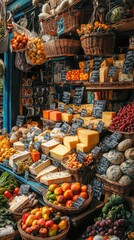 Fototapeta premium A vibrant market display featuring an assortment of colorful fruits, cheeses, and fresh produce in rustic baskets.