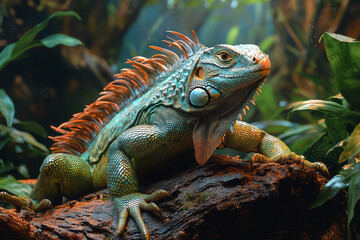 Fototapeta premium A green iguana basking on a log under a UV light,
