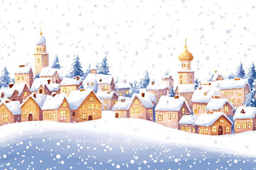 A picturesque snowy village scene with cozy homes, pine trees, and soft falling snowflakes, evoking winter warmth and tranquility.