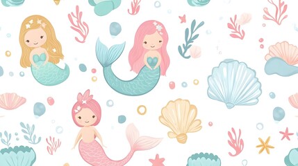 Kawaii Mermaids and Seashells in Pastel Ocean Seamless Pattern for Cute Undersea Adventure