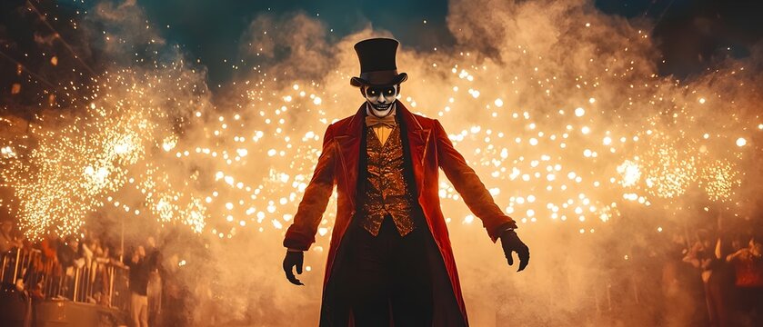 Ghostly Ringmaster Leads Haunted Halloween Circus Parade Through a Surreal Supernatural Landscape with an Eerie Ominous Atmosphere  Photography Concept with Copy Space for Text