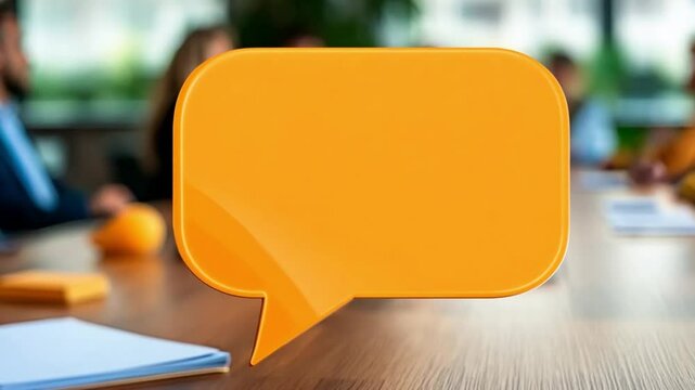 Business meeting dialogue concept with closeup on blank orange speech balloon on a meeting table during professional team meeting. Motion mockup of conversation element during corporate session with s