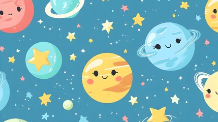 Whimsical Kawaii Planets with Cute Faces Orbiting Starry Cosmos