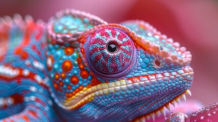 Obraz premium Close-Up Macro Image of a Vibrant Colorful Chameleon with Detailed Skin Patterns and Textures