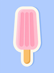 Pink popsicle on a stick isolated on a blue background as a sticker. Vector.