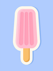 Pink popsicle on a stick isolated on a blue background as a sticker. 