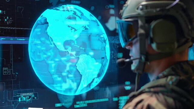 A military officer viewing holographic world map in command center. Security expert scrutinizing hologram of earth for mission briefing. Tactical commander observing digitalized planet map in surveill
