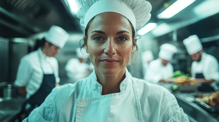 A skilled chef wearing a white uniform and hat stands confidently in a busy restaurant kitchen, showcasing professionalism and culinary expertise.