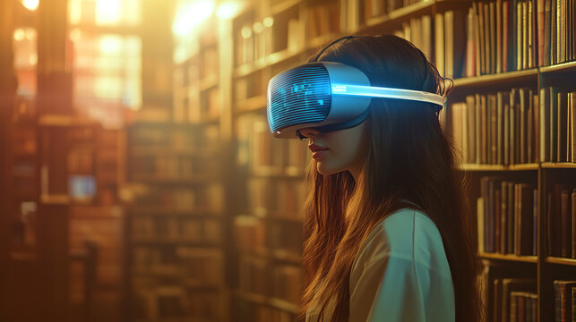 Immersive VR experience in a library with a female user