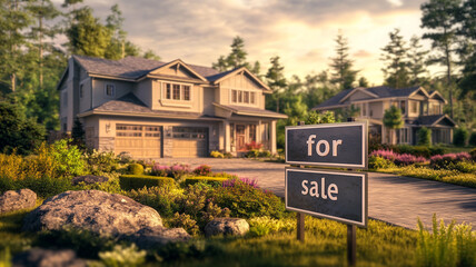 A real estate for sale sign is posted on the lawn in front of the house.