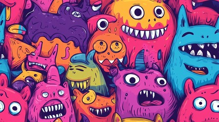 Colorful Seamless Pattern of Monster Doodles - Fun and Whimsical Cartoon Creatures for Kids' Designs and Halloween Themes