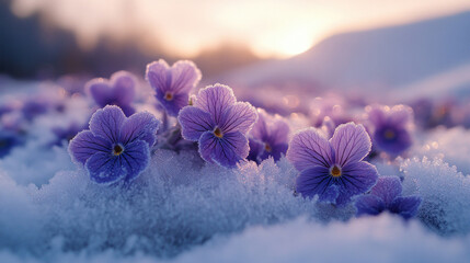 A bed of frozen violets in a snowy meadow, their vibrant purple petals contrasting against the...