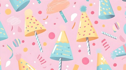 Fototapeta premium Cheerful Pastel Party Hats,Noisemakers,and Confetti in Repeating Pattern