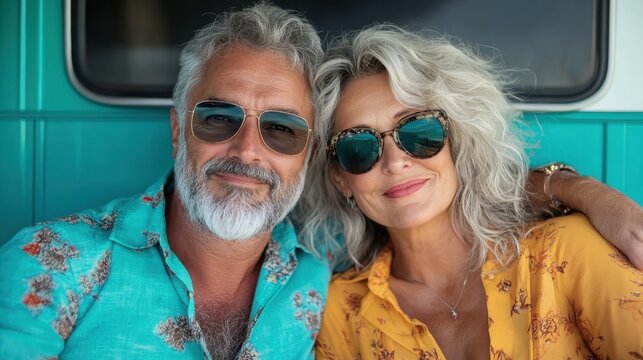 The couple with gray hair enjoys a carefree moment beside a teal retro van, showcasing their trendy outfits and sunglasses while embracing life's adventures together.