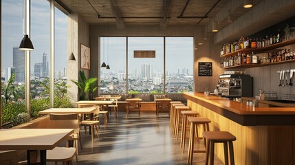 Fototapeta premium Beige and wood cafe with central bar island, stools, and dining tables. Cozy eating area with large window showcasing Bangkok's skyline. 3D rendering.