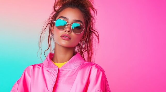 A stylish woman in a pink jacket and reflective sunglasses poses against a vibrant background, showcasing a trendy and confident fashion statement.