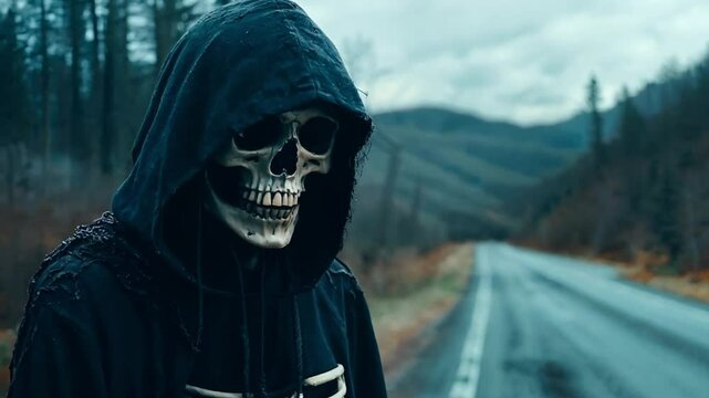 Concept of danger on the road and raising awareness of traffic rules. Grim reaper bringing death in a remote road.