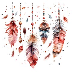Obraz premium Boho Christmas feather and bead banner clipart with warm watercolor Featuring a decorative design of natural elements like feathers and beads in earthy