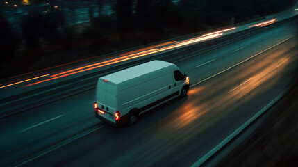 Naklejka premium Modern delivery small shipment cargo courier van moving fast on motorway road to city urban suburb, Business distribution and logistics express service