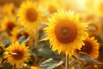 Fototapeta premium Beautiful sunflower landscape outdoors blossom nature.