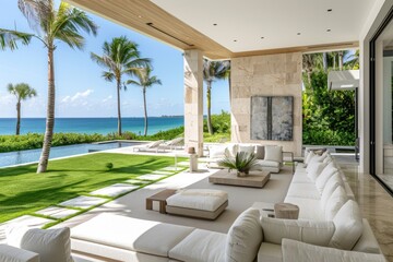 Fototapeta premium Luxury Back Patio with White Outdoor Furniture, Art Gallery Wall, and Pool Overlooking Palm Trees and Turquoise Water