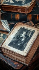 Fototapeta premium A vintage photograph resting on a stack of worn-out books, evoking nostalgia and memories from a bygone era.