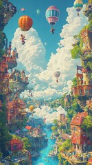 Fototapeta premium A whimsical landscape featuring colorful balloons, charming houses, and a serene river under a vibrant sky.