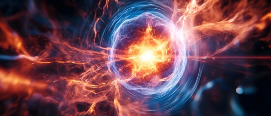 Obraz premium Dramatic and Powerful Fusion Energy Showcasing the Immense Release of Energy During Plasma Reaction in a Cosmic Backdrop Photography Concept with Copy Space for Text