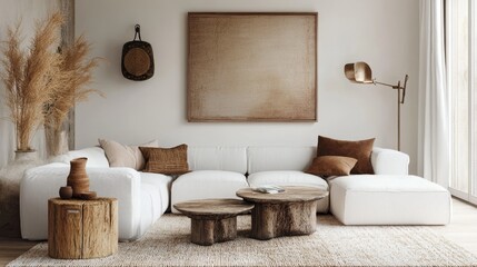 Cozy and stylish living room interior features a white modular sofa, wooden furniture, wall art, and personal touches. Home styling template.