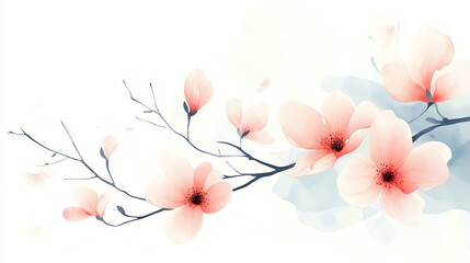 Fototapeta premium Watercolor magnolia flowers in subtle pinks and whites, minimal branches, set on a light background, seamless design