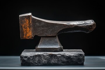 Blacksmith's anvil displayed on a stone base, showcasing craftsmanship and traditional tools in a dark setting