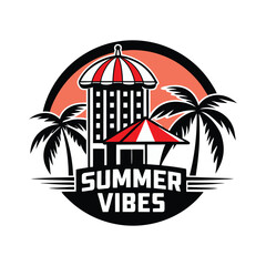Obraz premium Stylish Summer Vibes Logo with Palm Tree, Sunshade, and Cityscape - Perfect for summer and travel branding. Elegant black and white logo featuring a palm tree, sunshade, and cityscape in a cir