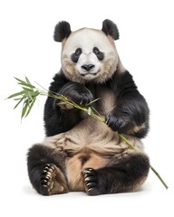 Naklejka premium Plump Panda Sitting and Holding Bamboo Shoot on White Background