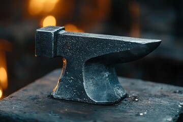 A close-up of a sturdy anvil resting on a workbench in a dimly lit forge, showcasing the craftsmanship of blacksmithing in action