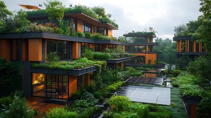 Obraz premium 13. A thriving eco-city where community gardens and organic urban farms flourish amidst green buildings powered by solar panels and wind turbines, promoting a low-carbon lifestyle 